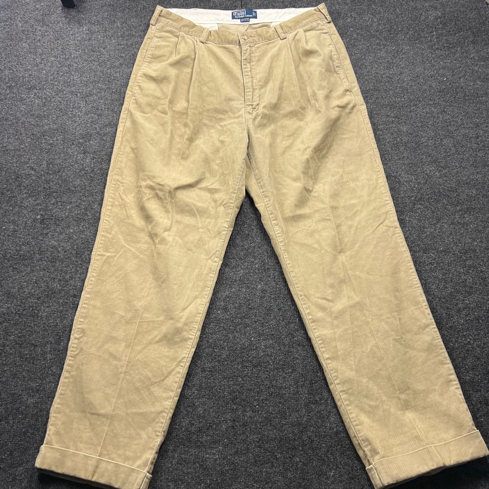Vintage Polo Ralph Lauren Hammond Pant Tan Corduroy Pleated Trousers Mens 36x30